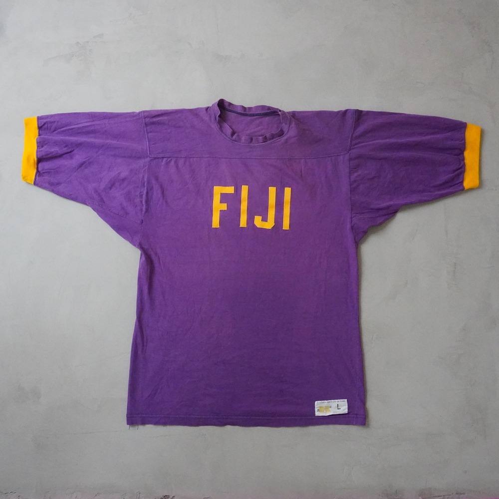 Vintage Russell Athletic FIJI Wheels Jersey Shirt L Mens Purple Gold 70s USA